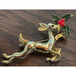 Vintage Gold-Tone Reindeer Brooch With Holly & Berries Holiday Pin